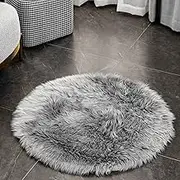 LEEVAN Plush Faux Fur Rug Sheepskin Style Grey Round Throw Rug 3ft Elegant Chic Cozy Shaggy Circle Floor Carpet Area Rugs Luxury Fluffy Super Soft Decoration for Living Room Bedroom Kids Play