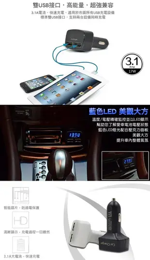 逸奇e-Kit 3.1A 四合一雙USB車充 電壓/電流/溫度顯示/電壓表/充電器＊贈USB線＊ (5.1折)