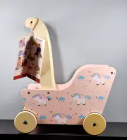 NEW MOOVER Baby Doll Wooden Pram Stroller Pink with UNICORNS