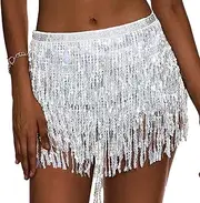 [Homefantasy] Fringe Sequin Tassels Skirt, Tassels Sequin Skirt, Belly Dance Costume Festival Skirt, Glitter Skirt, Fashion Glamour Belly Dance Skirt Belt, Silver Four Layer Sequin Fringe Skirt, silver, One size