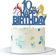 Baseball Happy 10th Birthday Cake Topper - Sport Themed 10th Birthday Cake Supplies - Ten Years Old - Kid Bday Party Decoration - Blue Glitter