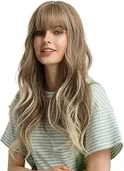 (Blonde) - 60cm Women Synthetic Wigs Long Wavy Blond with Fluffy Air Bangs Light