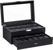24 Slots Watch Box for Men, Luxury Black Watch Box Organizer with Drawer