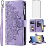 Asuwish Phone Case for Samsung Galaxy Note 8 Wallet Cover with Tempered Glass Screen Protector and Wrist Strap Mandala Flower Flip Zipper Card Holder Stand Cell Note8 Not S8 Gaxaly Women Men Purple