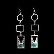 Zuni Sterling Silver Turquoise Petroglyph Earrings by Travis Snyder, 4" long