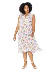 NEW ANNE KLEIN WHITE YELLOW DRAWSTRING WAIST FLARE MIDI DRESS SIZE 1 X WOMEN