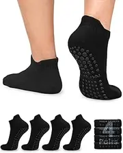 [FuelMeFoot] 4 Pairs Non Slip Grip Socks for Men Ankle Cushioned Grippy Socks for Hospital, Pilates, Yoga, Ballet, Barefoot, 05 Cushioned-black*4, Large-X-Large