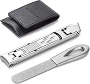 VOGARB Portable Nail Clippers for Thick Nails Ultra Slim Folding Safety Lock Wide Jaw Opening Cutter with File Travel Double Head Curved and Slanted Trimmer for Toenail Fingernail (Silver with File)