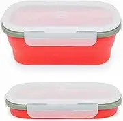 Lunbengo 1000ml Collapsible Bento Lunch Box - Silicone Food Storage Container, Foldable Food Container with 2-in-1 Spoon Spork and Airtight Lid, Microwave Safe, Red