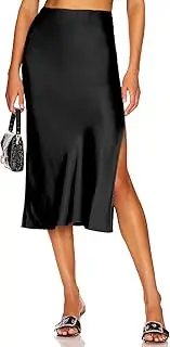 [Skrtimory] Womens Satin Silk High Waist Slit Midi Skirt Elastic Waistband Midi Skirts for women