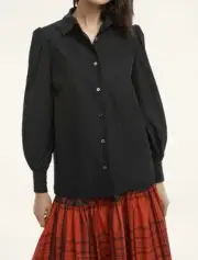 Brooks Brothers NWT 14 Black Taffeta Button Up Top Blouson Sleeves