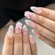 Almond Fake Nails Short - 24PCS French Tip False Nails - Three-dimensional Bow Aurora Floret Press On Nails - Full Cover Ellipses Fake Nails With Glue For Women Girls Valentine's Day Nail Art
