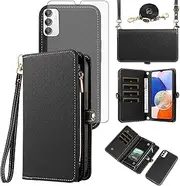 [Asuwish] Phone Case for Samsung Galaxy A14/M14 5G Zipper Wallet Detachable Cell Cover with Tempered Glass Screen Protector Crossbody Lanyard Strap Flip Card Holder A 14 4G 14A 14M G5 Women Girls Black