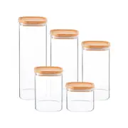 Argon Tableware 5 Piece Square Glass Storage Jars Set With Wooden Lids