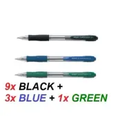 Pilot Supergrip FINE tip Ballpoint pen 0.7mm - 9x BLACK + 3x BLUE +1x GREEN