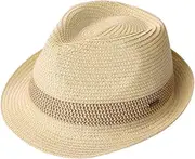 [Fancet] Straw Fedora Derby Havana Hat for Men and Women Packable Summer Beach Sun Hat