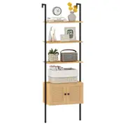 Giantex 5-Tier Wall Mount Ladder Bookcase Bookshelf w/Rattan Cabinet & Metal Frame Display Rack Natural