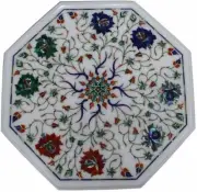 15" Marble side table top semi precious stones malachite inlay art home decor
