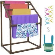 Pool Towel Rack, 5 Bar, Brown, Freestanding Outdoor PVC Trapedozal Poolside Storage Organizer, Include 8 Towel Clips, Mesh Bag, Hook, Also Stores Floats and Paddles, for Beach, Swimming