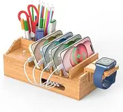 Pezin & Hulin Charging Station for Multiple Devices, Bamboo Charger Dock, Desktop Electronic Organizer for Phone, Tablet, Smart Watch, and Earbuds