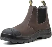 [HANDMEN] Work Boots for Men, Steel/Soft Toe Waterproof Working Boots, Slip Resistant Slip-on Safety Static Dissipative Working Shoes (Dark Brown)