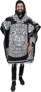 [Leos Imports] Traditional Reversible Mexican Poncho Gaban with Hoodie, Aztec Calendar Design Unisex One Size