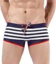 [Aosufei] Men's Stripe Boxer Briefs Swim Trunks Drawstring Quick Dry Beach Shorts Stretchy Casual Board Shorts