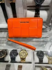 Michael Kors Jet Set Large Flat Phone Case Wristlet Wallet Grid Pattern - Poppy