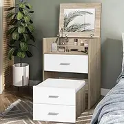 Alfordson Vanity Desk Dressing Table with Hidden Stool, Small Makeup Desk with Foldable Mirror and Multi Drawers, Corner Bedside Dressing Desk Chair Set for Bedroom Dressing Room, Wood White