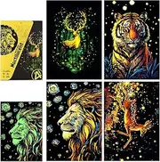 QINXUANGE 4PCS Scratch Art Set with Wooden Stylus Luminous Effects Paper Rainbow Painting Sketch,Animal Series,Scratch Painting Creative Gift,Scratch Art for Adult & Kids, No Paint Needed (20×14cm)