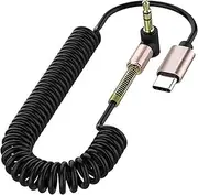 tunghey 90 Degree Right Angle USB-C to Aux-Cord, Male to Male 3.5mm Audio-Jack Coiled-Cable with DAC Core 24bit/96khz,Type C Plug Adapter for Android Phones/Car Stereo/Portable Speaker