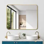 Gold Rectangular Wall Mirror 100x80cm HD Sleek Aluminium Alloy Frame for Bathroom Bedroom Entryway Livingroom