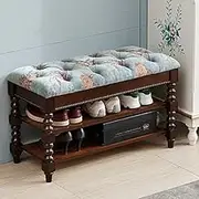 Modern Vintage Ottoman Solid Wood with Embroidery Storage Bench Shoe Changing Stool for Living Room Bedroom Entryway Hallway-Walnut 90x30x48cm(35x12x19inch)