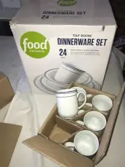 24pc FOOD NETWORK Dinnerware Set TAP ROOM Blue Stripe PORCELAIN 6 Place Settings