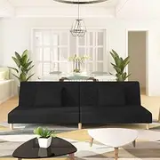 2-Seater Sofa Bed with Two Pillows, Black Fabric, Easily Convertible Futon Sofa Bed, 200 x 84.5 x 69 cm, Modern Small Couch for Living Room, Bedroom, and Guest Room, Comfortable Foam Padding