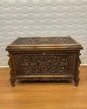 Walnut Wood Storage Chest Hand Carved, Wooden Rustic Trunk Coffee Center Table