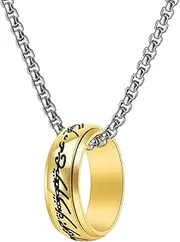 [PYNASA] 8MM Genuine Engraved Black Pattern Stainless Steel Gold The One Ring Spinner Fidget Rings Chain Pendant Necklace for Women Men,Ring size 9, Size9, Stainless Steel, No Gemstone