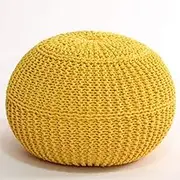 Round Hand Knitted Pouf Foot Stool Ottoman,Cable Style Cotton Braid Cord Knit Bean Bag Floor Chair for Hoom-Yellow 50x50x40cm(20x20x16)