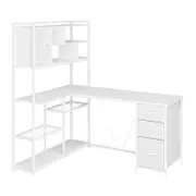 Advwin L Shaped Gaming Desk with LED Lights Reversible 148cm Computer Desk with 3 Drawers and Bookshelf White