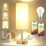Bedside Table Lamp for Bedroom, 3 Way Dimmable Touch Lamp USB A&C Charging Ports, Small Lamp Wood Base Round Flaxen Fabric Shade for Living Room, Desk, LED Bulb Included