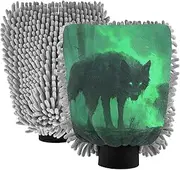 XYMZR Wolf Scary Green Absorbent Microfiber Car Wash Mitt, Funny Cute Anime Scratch Free for Cars Cleaning, Home Cleaning Mitts, 2 Pack, 10.24” L x 7.09” W