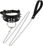 [JNKET] Punk Hauling Chain PU Leather Collar Rivets Choker Gothic Metal Ring Necklace Adjustable Size
