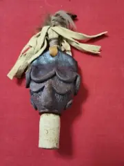 VINTAGE Handmade CLAY wine bottle stopper woman's face w/ leather and feathers