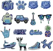 16 PCS Assorted Styles Iron On Patch Guitar Suitcase Embroidered Patch Blue Appliques Stickers Kit for Clothing, Jackets, Backpacks, Jeans, Applique DIY Accessory