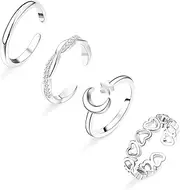 [Fiiuos] 4Pcs 925 Sterling Silver Plated Toe Rings Set for Women Cubic Zirconia Heart Leaf Flower Moon Star Adjustable Toe Band Ring Finger Nail Rings Summer Beach Foot Jewelry