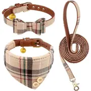 3 PCS Dog Collars for Small Puppy Collar and Leash Set, Bow Tie with Bell, Bandana Leather for Small Dogs Puppies and Cats(Beige)