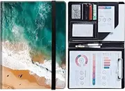 Padfolio Business Resume Portfolio Folder, PU Leather Storage Organizer Clipboard with Elastic Band for Legal Pad Holder Letter Size A4 Writing Pad for Women Men, Blue Beach