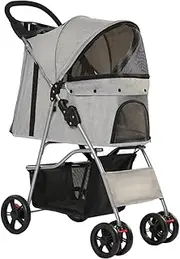 Cat Dog Cage Stroller Pet Stroller Foldable Brake Portable Pet Cart Trolley for Kitten Outdoors Puppy Small Pets, Gray