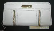 NEW MICHAEL KORS MOXLEY VANILLA,OFF WHITE LEATHER+GOLD ZIP AROUND CLUTCH WALLET