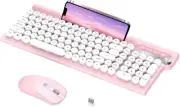 Wireless Typewriter Keyboard and Silent Mouse Combo, Cute Pink Keyboard with Pho